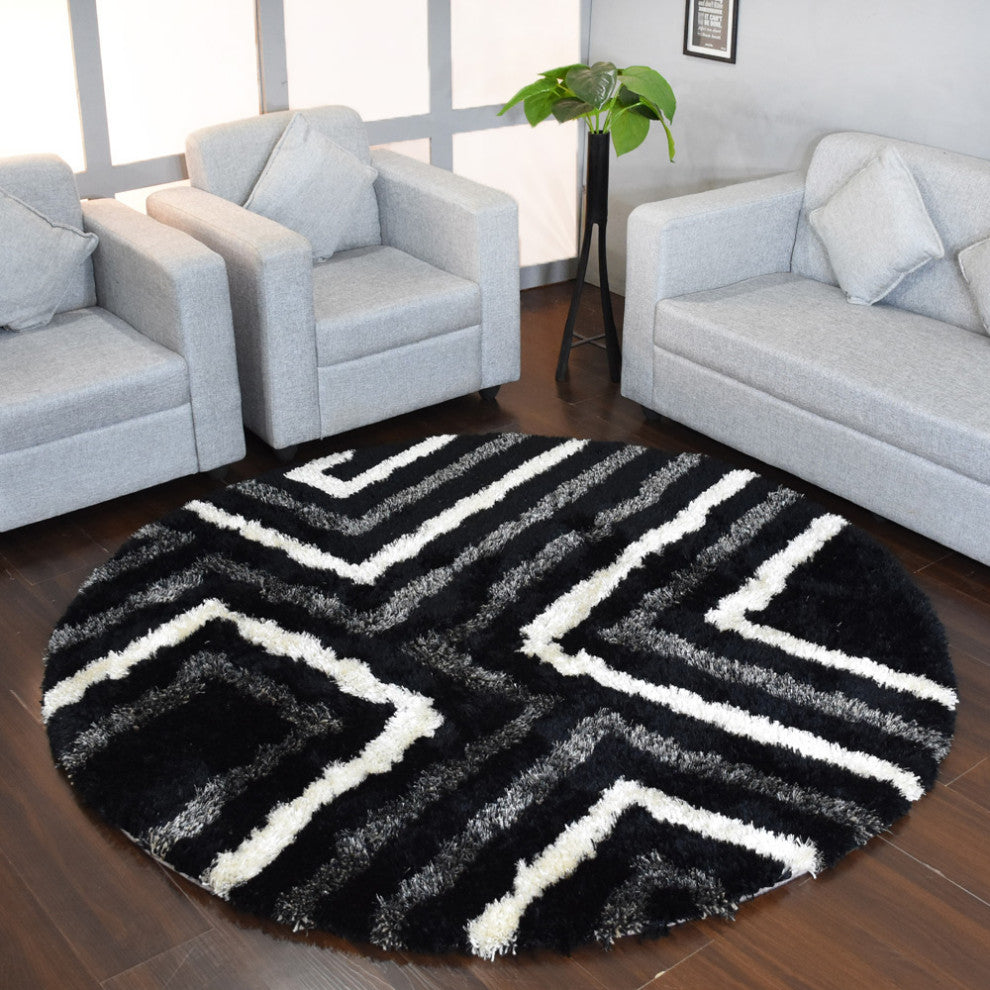 Hand Tufted Shag Polyester Area Rug Geometric Black Beige, 8'x8' Round