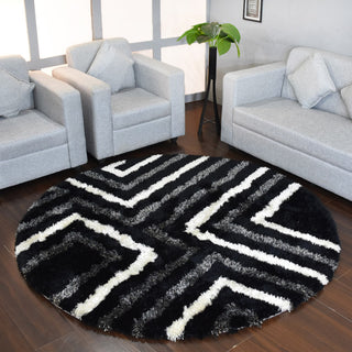 Hand Tufted Shag Polyester Area Rug Geometric Black Beige, 8'x8' Round
