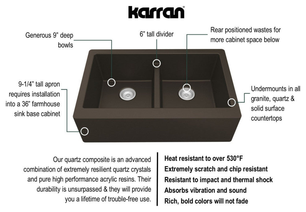 Karran Farmhouse Apron Front Quartz 34" Double Bowl Kitchen Sink, Brown