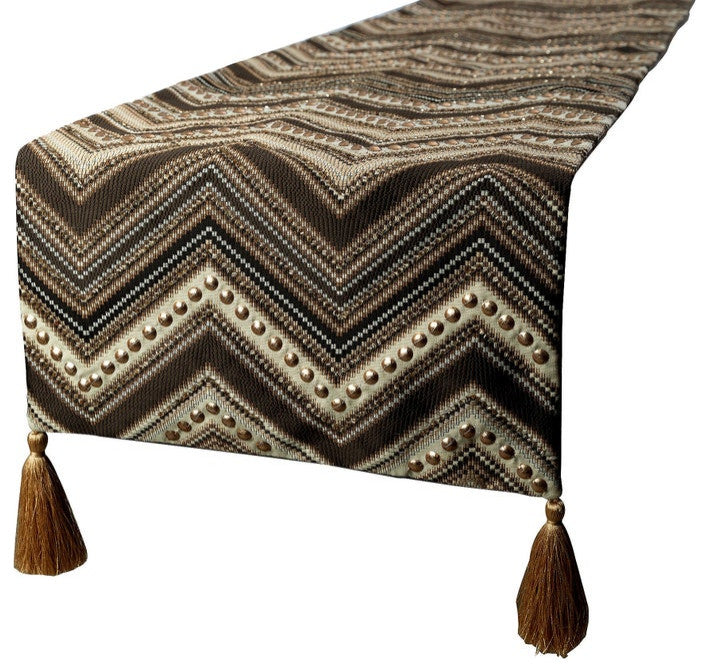 Decorative Table Runner Brown Jacquard Silk, Beaded & Tassels - Timberland