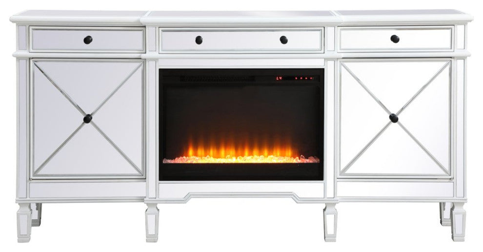 Elegant Decor MF61072AW-F2 Mirrored Credenza With Crystal Fireplace