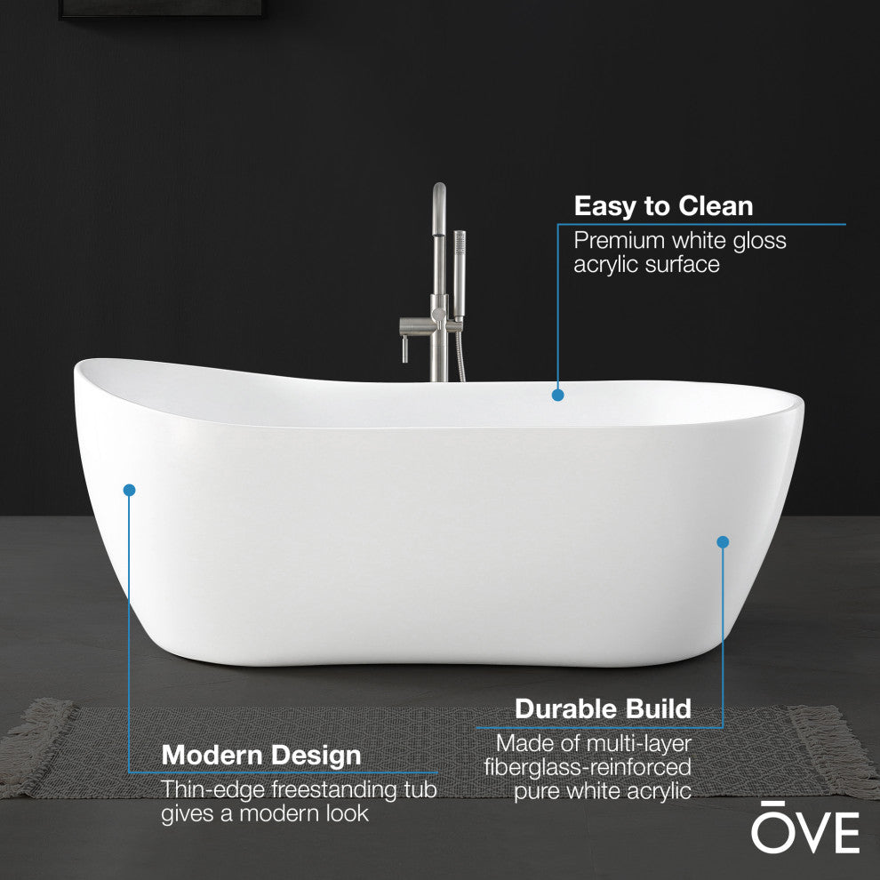 OVE Decors Isaac 58" Acrylic Slipper Flatbottom Non-Whirlpool Bathtub in White