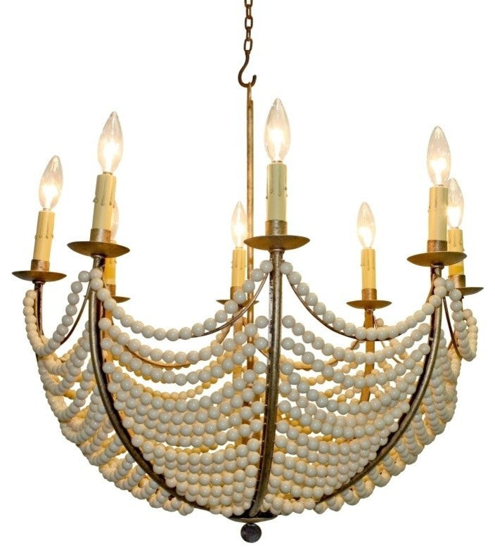 Romantic Iron Cream Beaded Umbrella Dome Chandelier, Victorian 8-Light Baroque
