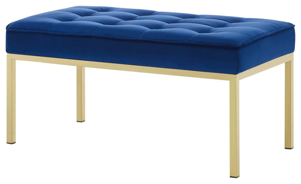 Modern Designer Lounge Accent Chair Bench, Velvet Fabric, Gold Blue Navy