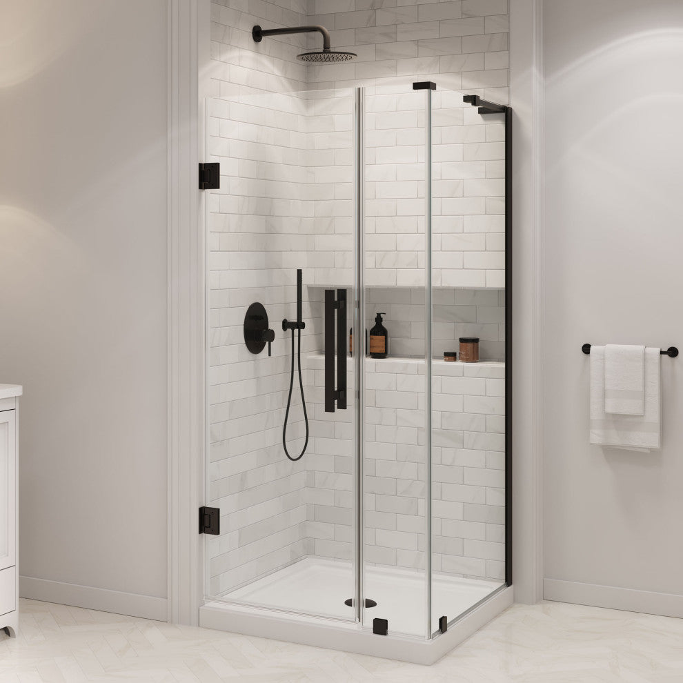 Panama 32"Wx32"Dx74 3/4"H Corner Hinge Shower Kit Black Base, Black, 36"