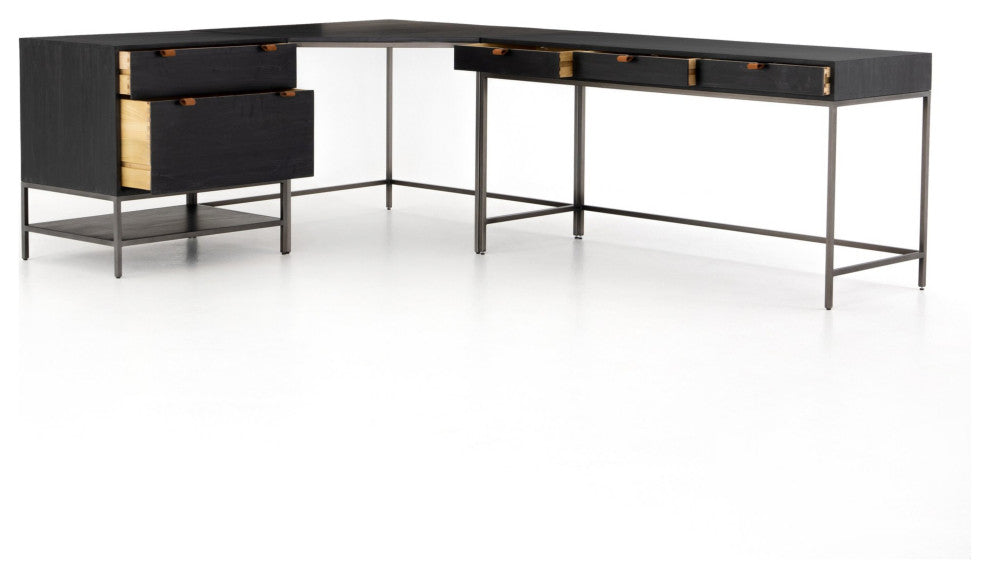 Trey Desk System With Filing Cabinet Black Wash, Natural Iron, Toffee Leather