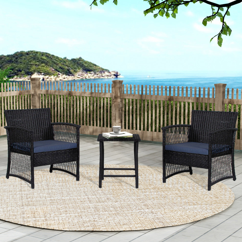 WestinTrends 3PC Outdoor Patio Rattan Wicker Seating Conversation Set, Black/Navy