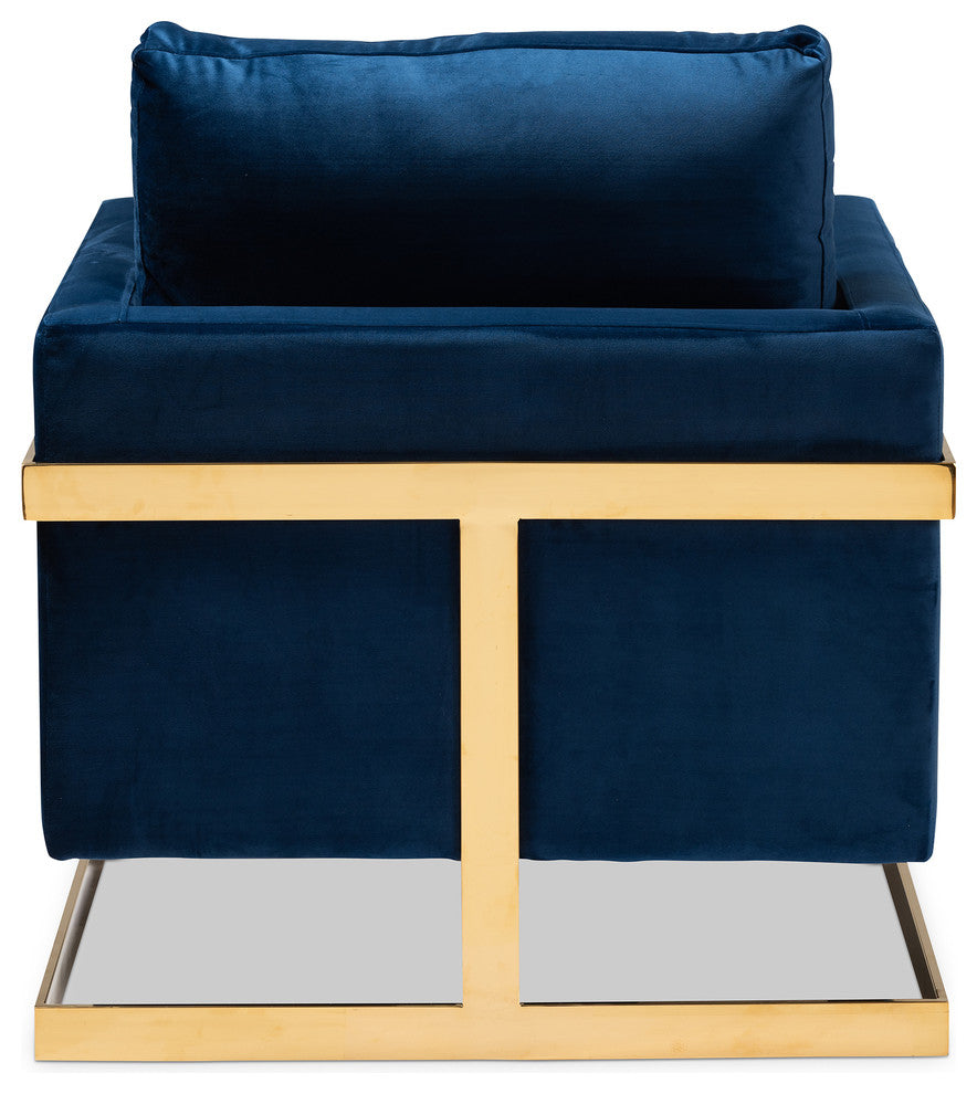 Jezza Glam and Luxe Royal Blue Velvet Fabric Upholstered Gold Armchair