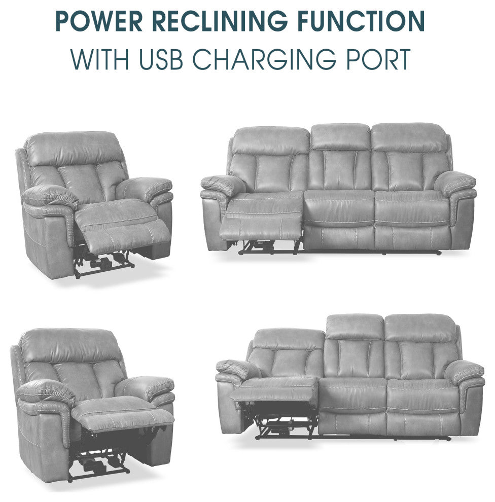 Claude Dual Power Reclining 2 Piece Sofa and Recliner Set, Light Gray Leather