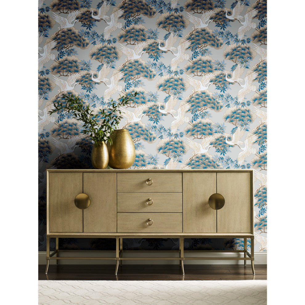 Sprig and Heron Light Blue Wallpaper