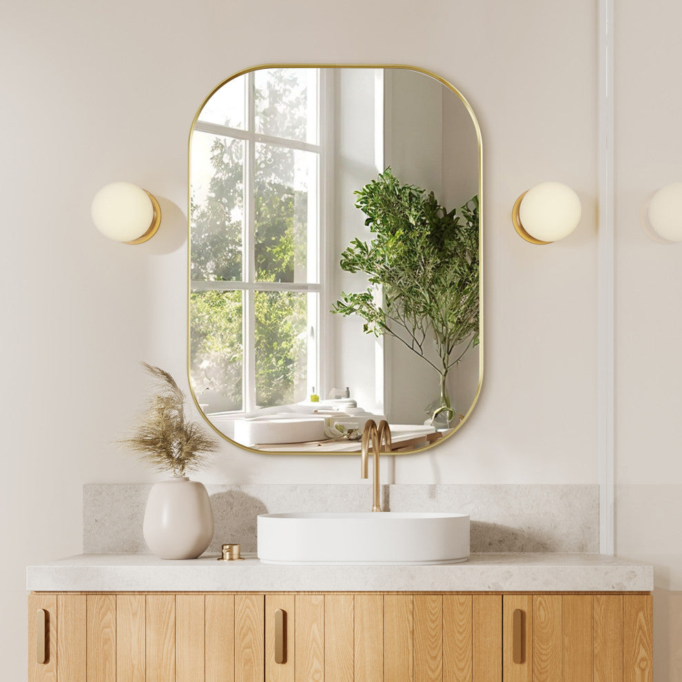 Trielle Rectangular Framed Bathroom Wall Mirror, Brushed Gold, 24"
