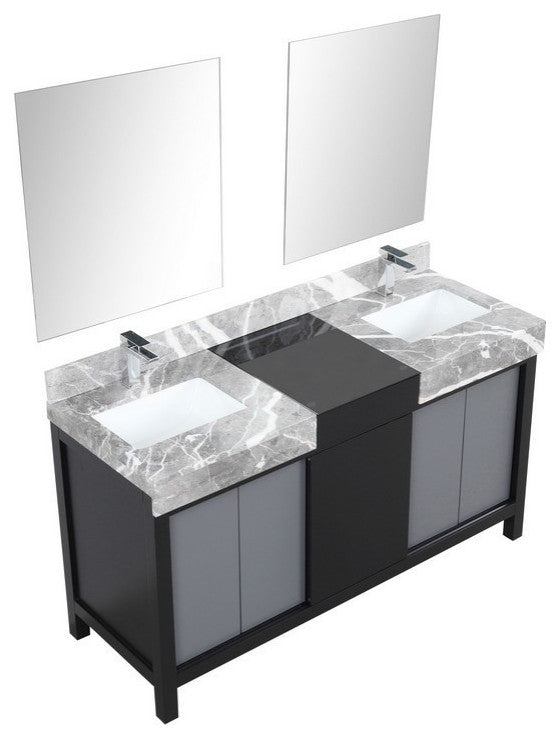 Zilara 60" Black and Grey Double Vanity Set, Monte Chrome Faucet Set
