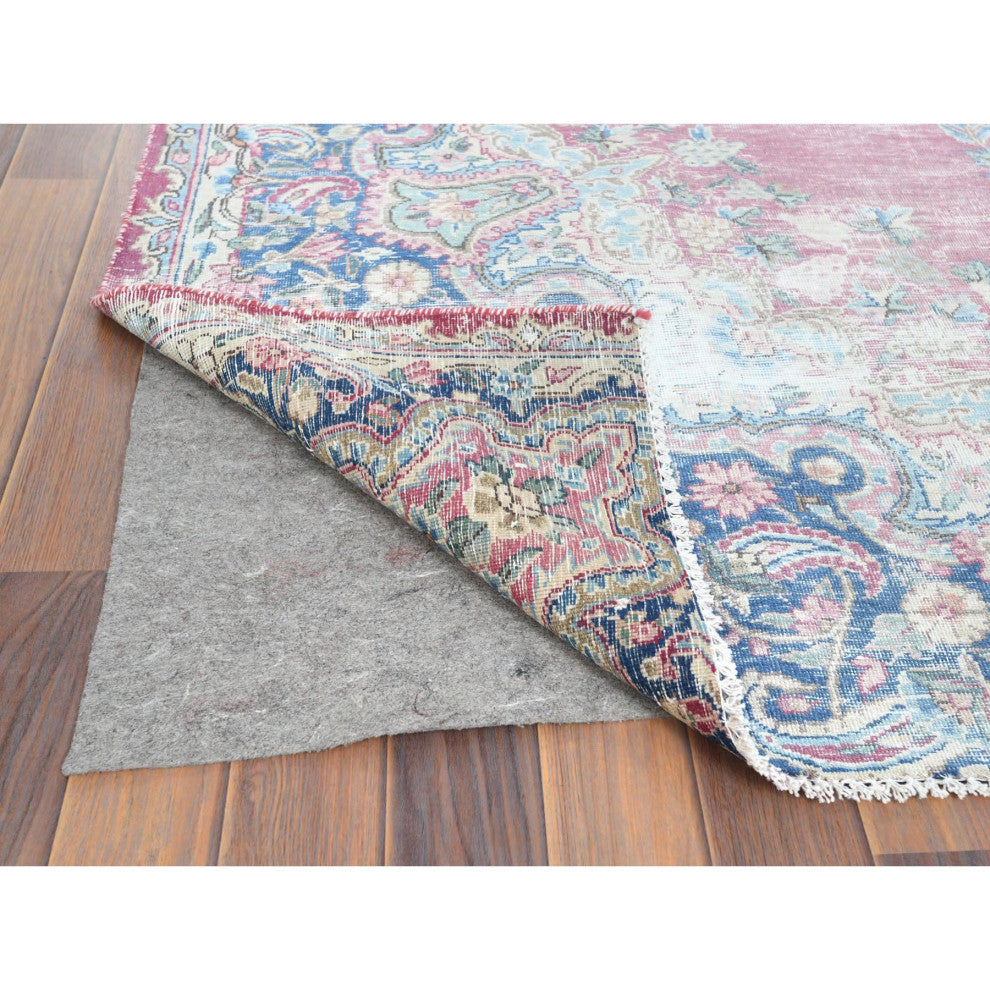 Vintage Persian Kerman, Worn Wool, Hand Knotted, Pink, Oriental Rug, 6'7" x 8'7"