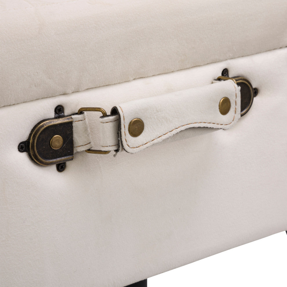 19.69"L Velvet Upholstered Storage Stool, Seashell White