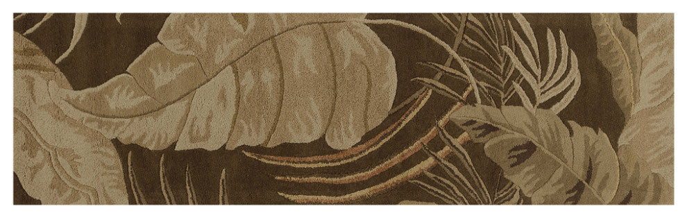 8' Mocha Brown Hand Tufted Tropical Leaves Indoor Runner Rug