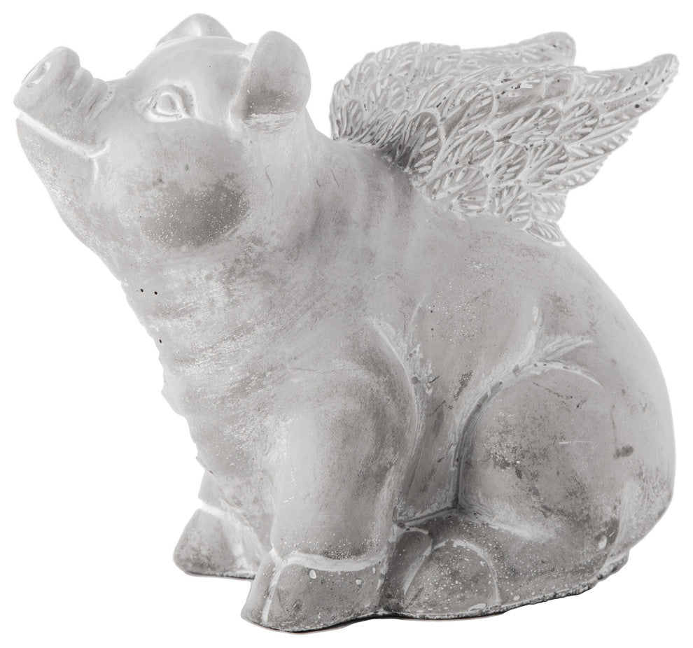 Cement Sitting Winged Pig Figurine Washed Concrete Gray Finish