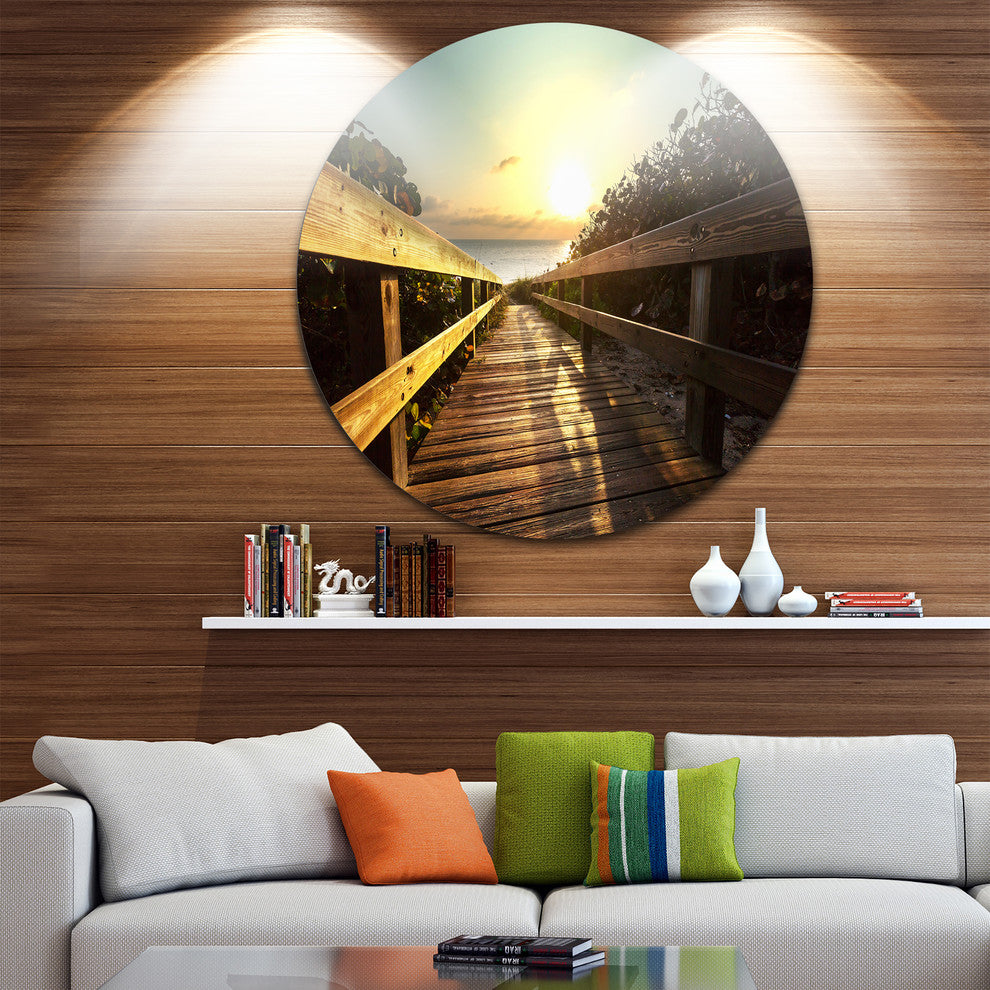 Wood Boardwalk Into The Sunset Sea, Sea Bridge Round Wall Art, 11"