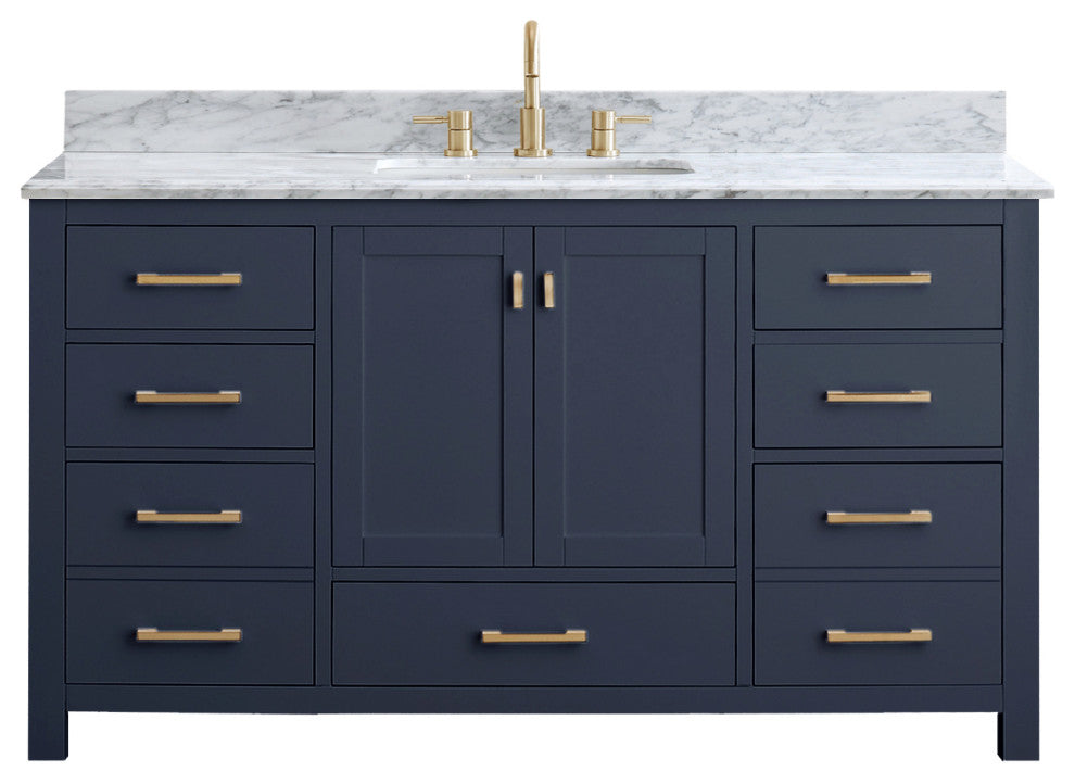 Avanity Modero Bath Vanity in Navy Blue, 61", Single Sink, Carrara White Marble