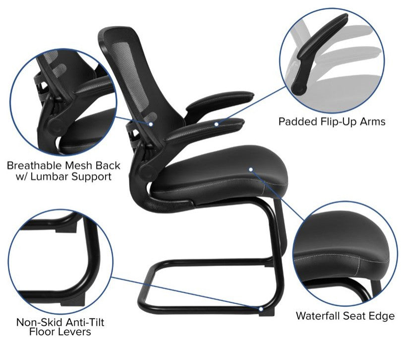 Black Mesh Sled Base Side Chair-White Stitched LeatherSoft Seat & Flip-Up Arms