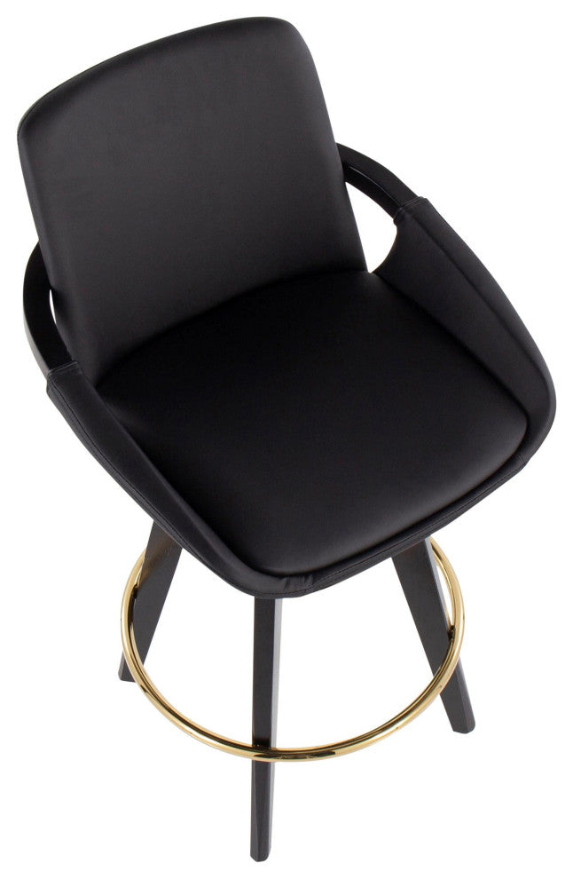 Cosmo Swivel Fixed-Height Counter Stool, Set of 2, Black/Gold/Black PU