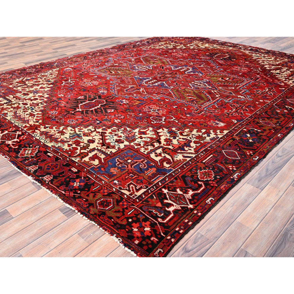 Cardinals Red Pure Wool Hand Knotted Semi Antique Persian Heriz Rug 9'4"x12'5"