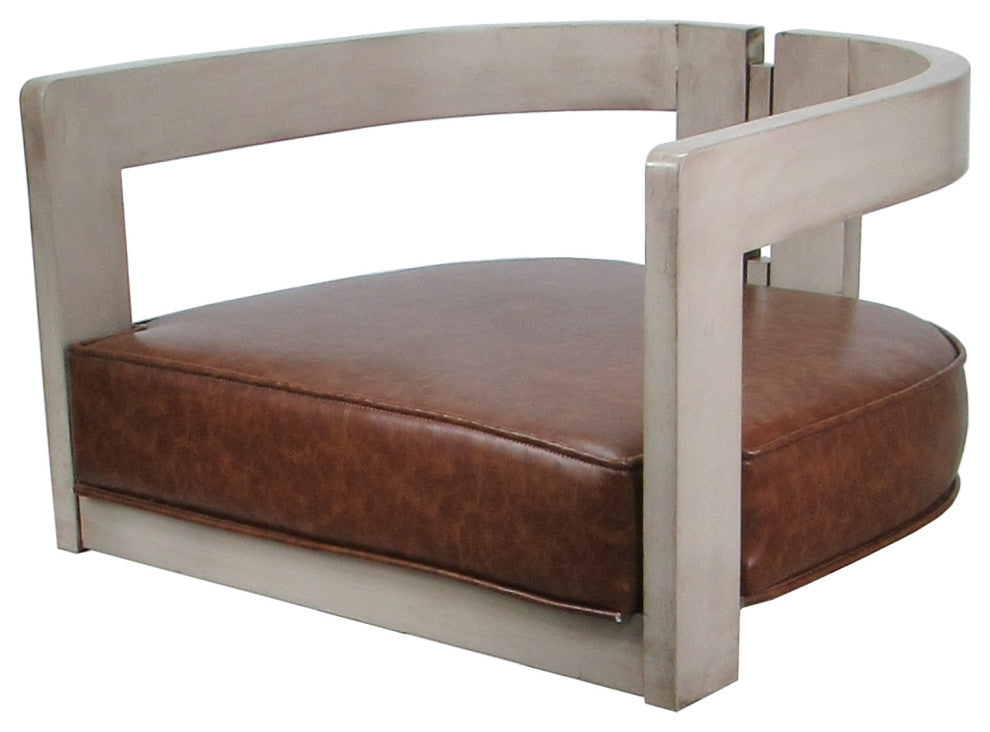 Swivel Wood Bar Stool Kadir Pillow on S-Base, Marble Brown Vinyl - Black Pillow - Beige, 34"