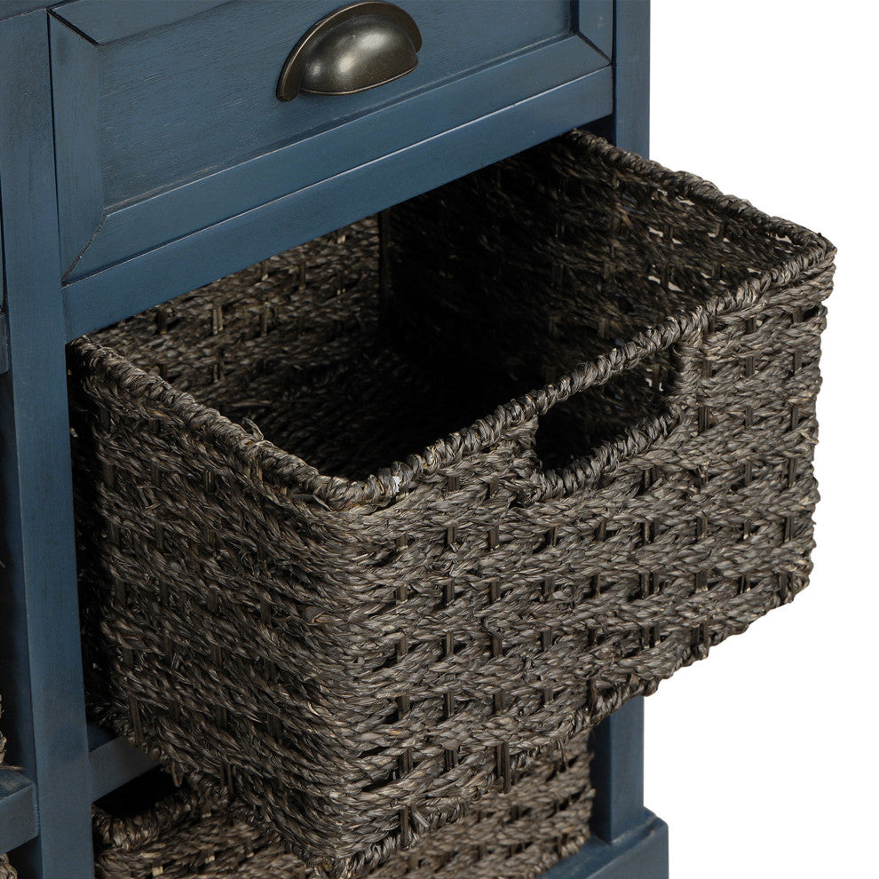 28" Wood 2 Drawers Storage Cabinet with 4 Rattan Basket, Antique Navy, 28" Tall