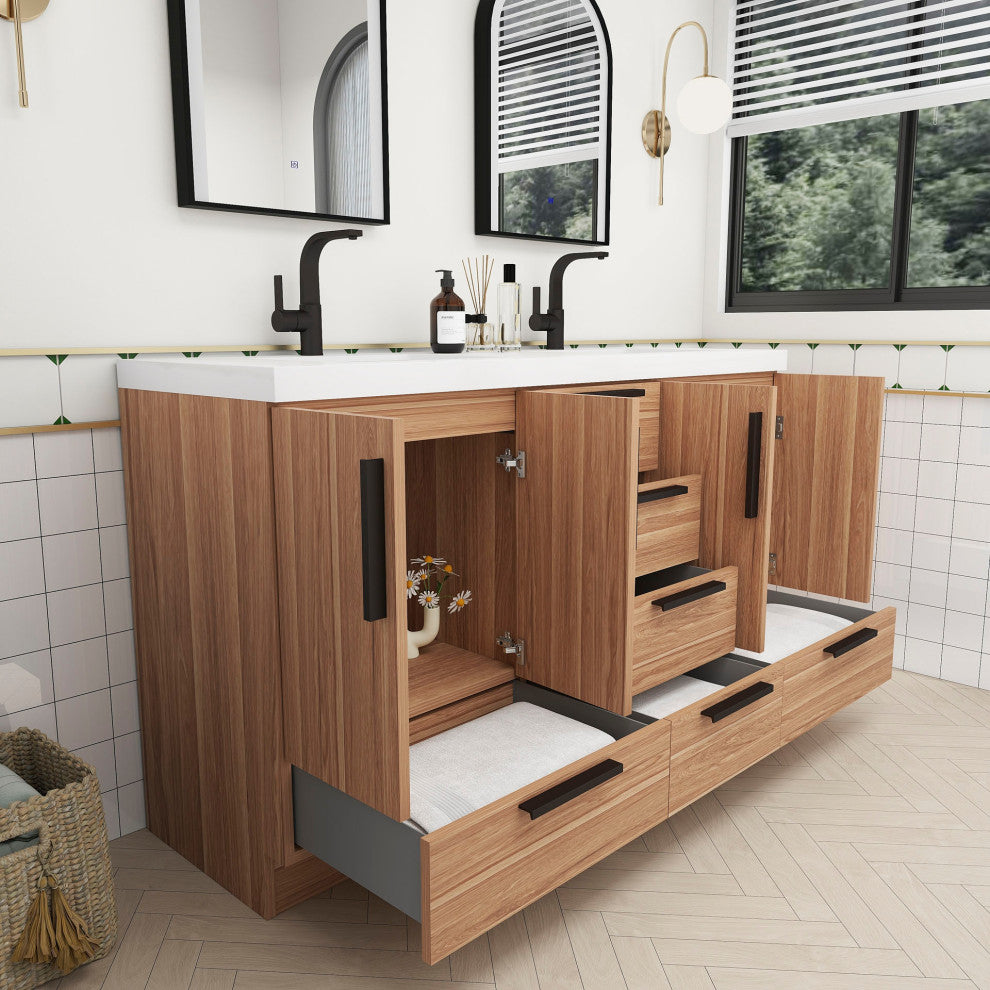 Carla 60" Freestanding Bathroom Vanity With Double Sink, White Oak