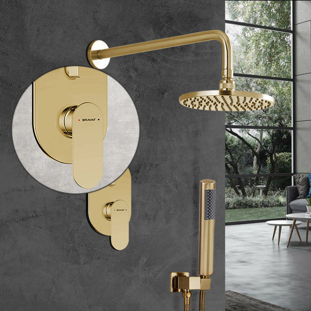 Bravat Wall Mounted Shower Set, Valve Mixer 2-Way Concealed, Brushed Gold
