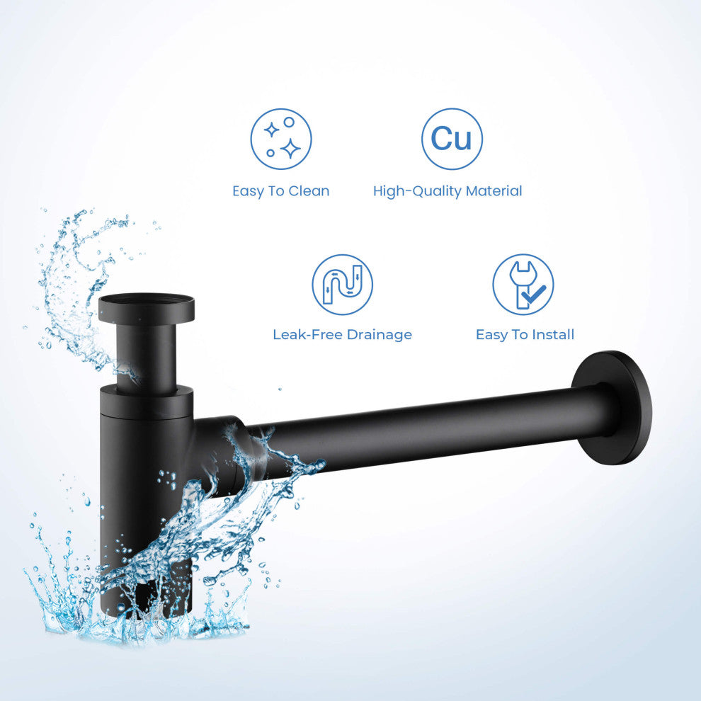 Kibi Bathroom Sink Decorative Round Bottle Trap, Matte Black