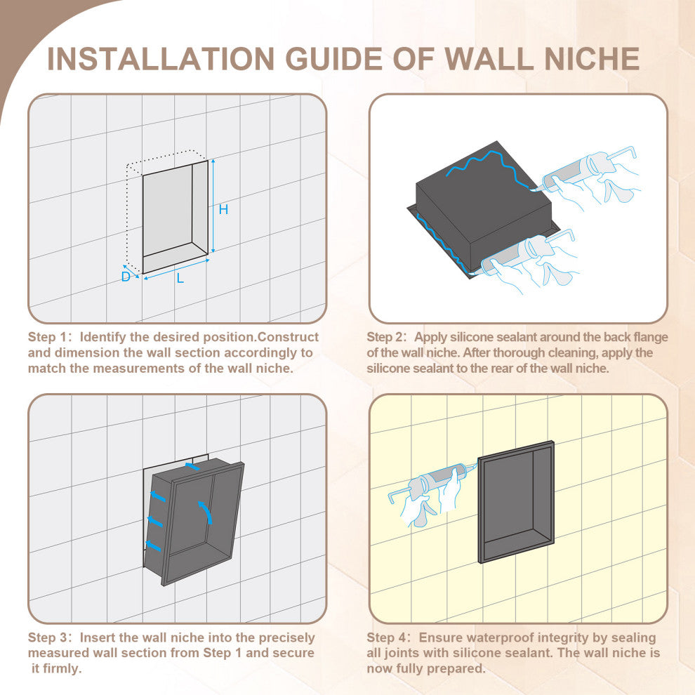 Stainless Steel Shower Niche Recessed Double Layer No Tile Needed , Brushed