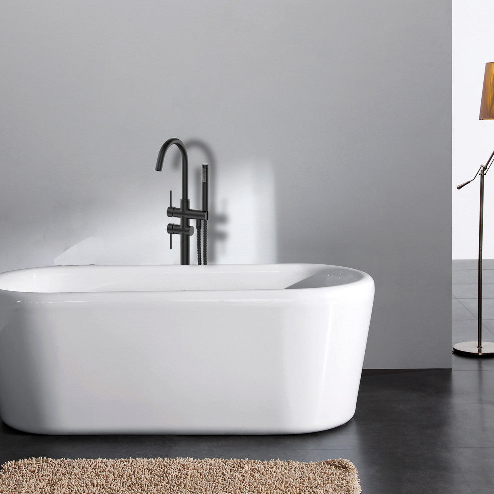 Floor Mounted Double Handle Bathtub Faucet, Handheld Shower, Matt Black