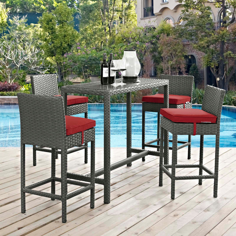 Sojourn 5 Piece Outdoor Patio Sunbrella Pub Set, Canvas Red