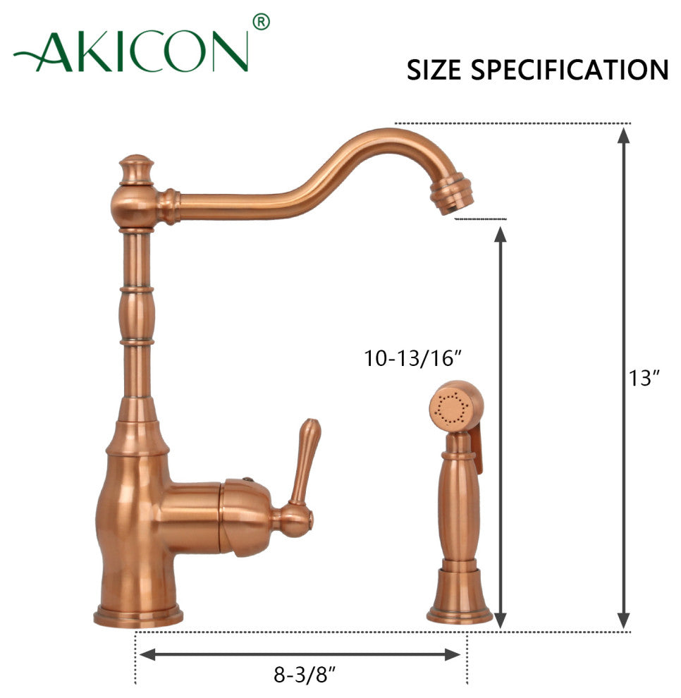 One-Handle Copper Widespread Kitchen Faucet with Side Sprayer, Copper