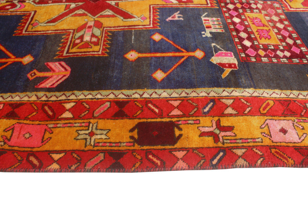 Fine Vintage Distressed Hares Navy/Gold Runner, 4'5x10'8