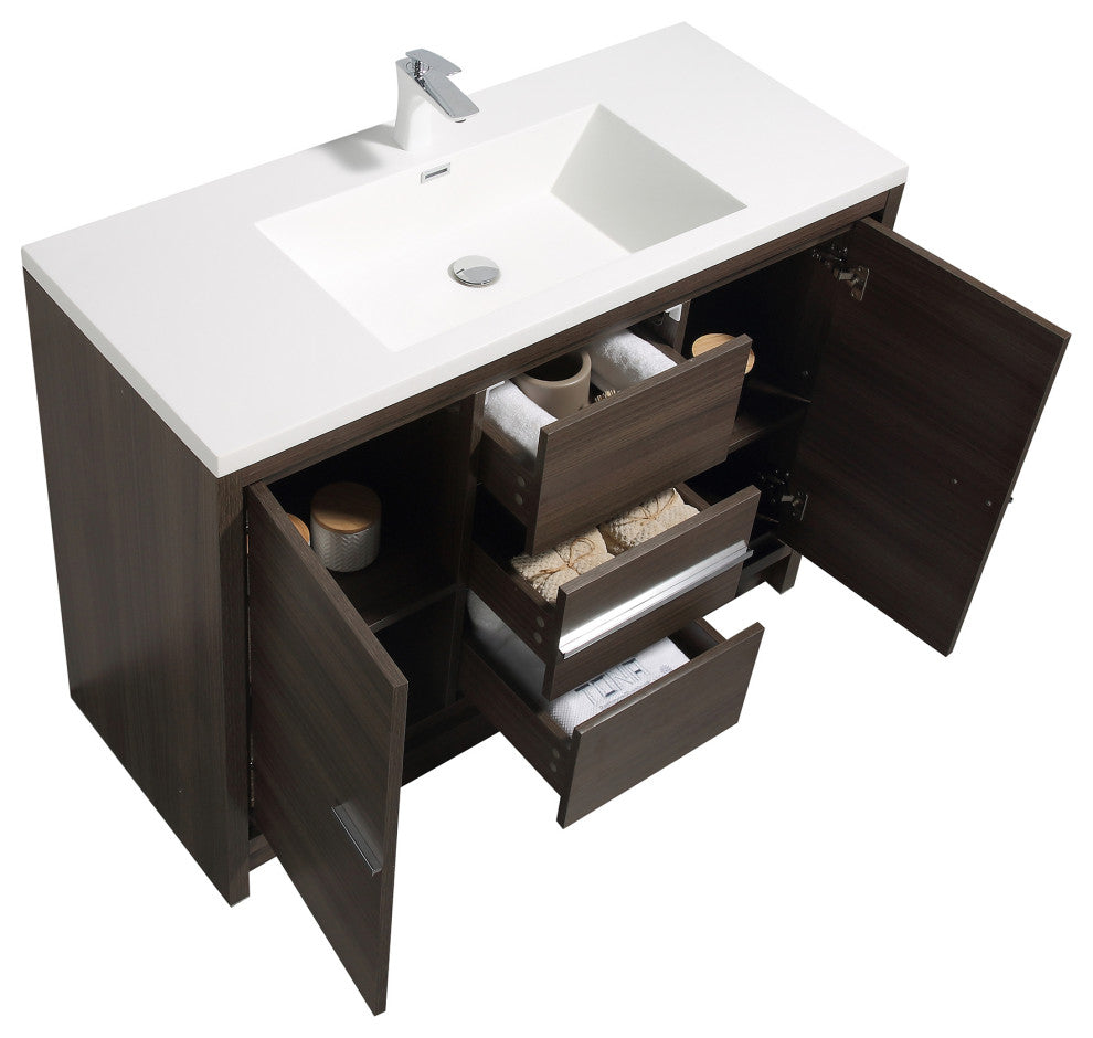 Freestanding Bath Vanity Set, Grey Oak, Integrated Solid Surface Sink, 48"