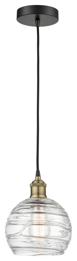 Athens 1 Light 8" Cord Hung Mini Pendant, Black Antique Brass, Clear Deco Swirl