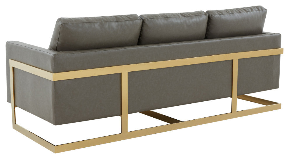LeisureMod Lincoln Modern Leather Sofa With Gold Frame, Gray