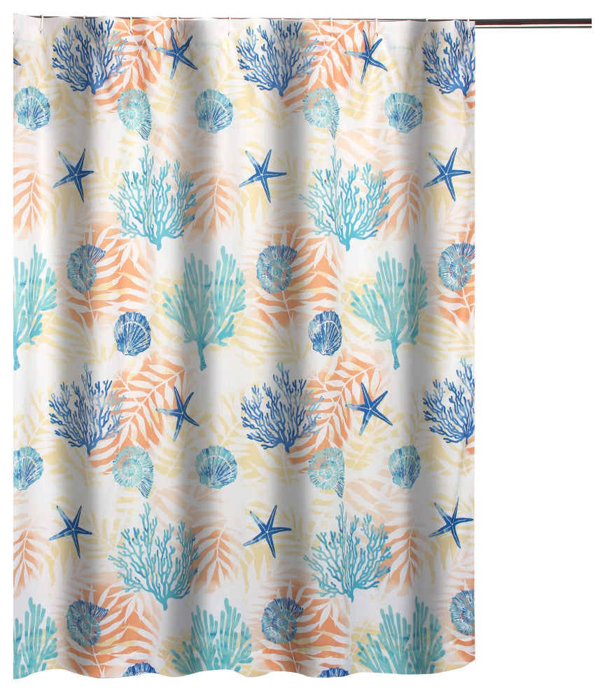 Benzara BM293438 Shower Curtain, White Blue Polyester, Seashells/Ferns Print
