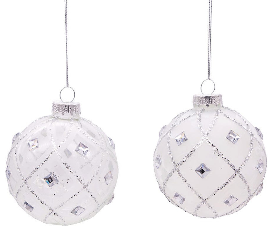 Kurt Adler 80MM Jeweled Clear Feather White Ball Ornaments, 6 Piece Set
