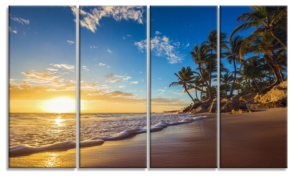 Paradise Tropical Island Beach Sunrise, Seashore Canvas Print, 48"x28", 4 Panels