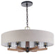 Mid Century Modern Wide Shade Drum Chandelier, 6 Light Wood Arm Bronze Pendant