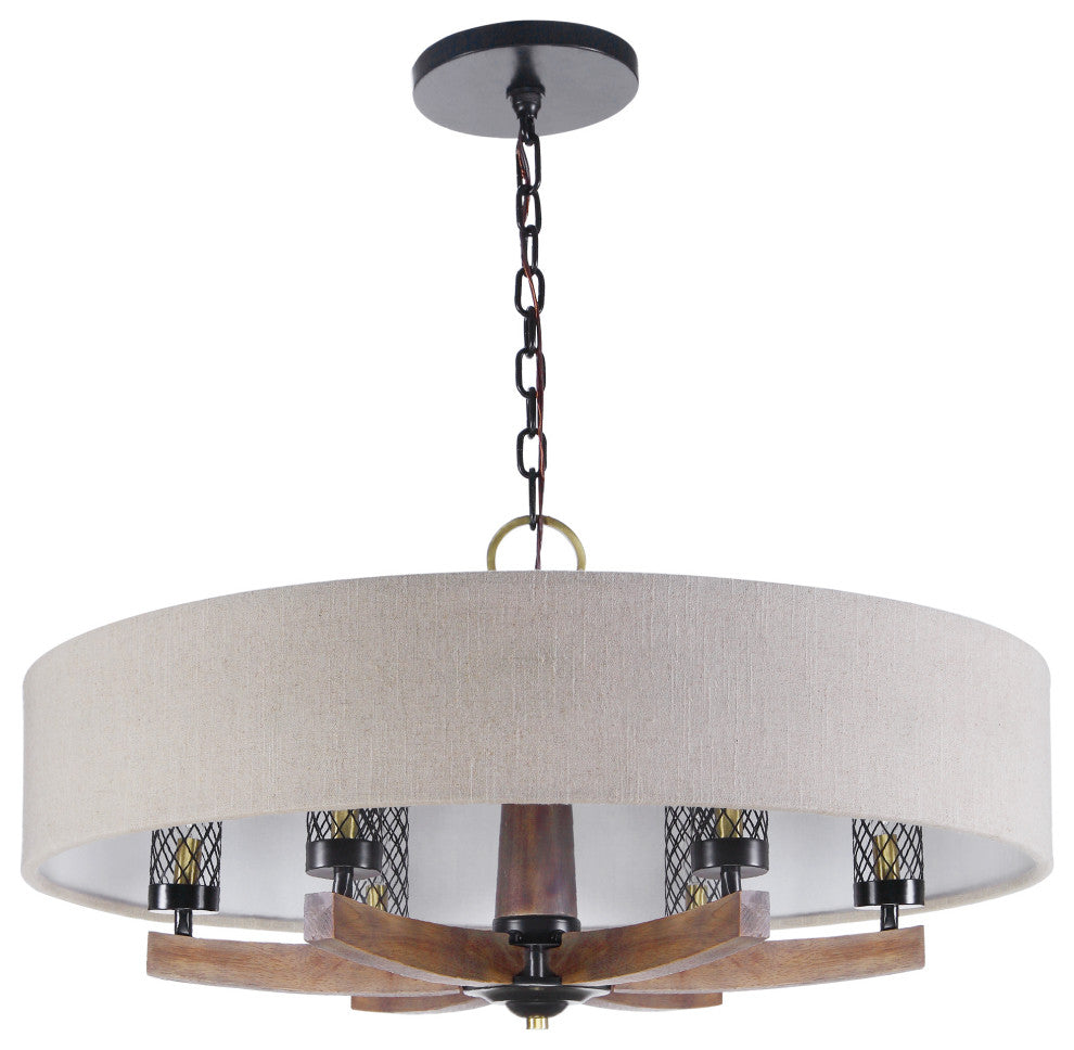 Mid Century Modern Wide Shade Drum Chandelier, 6 Light Wood Arm Bronze Pendant