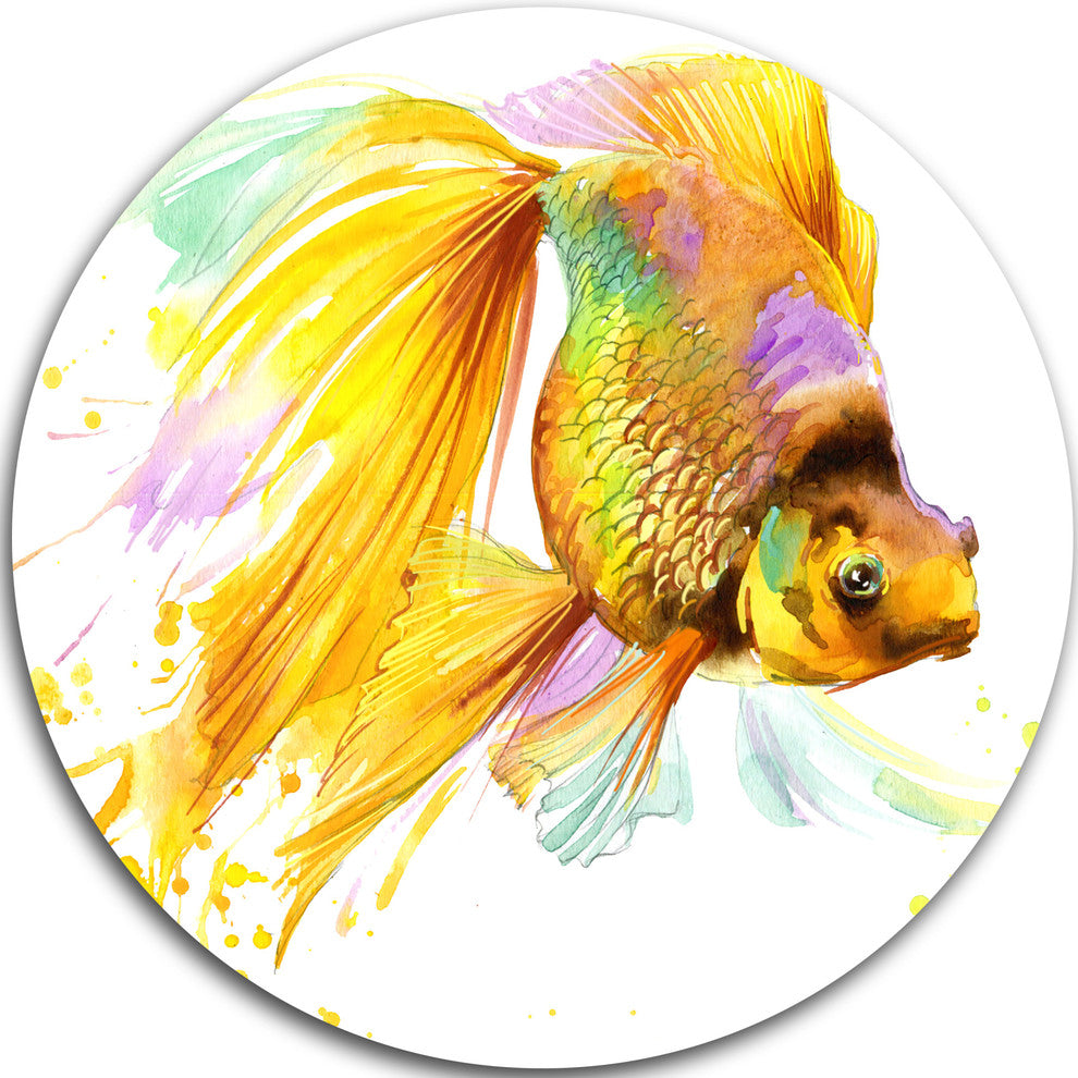 Gold Fish Illustration, Animal Painting Disc Metal Wall Art, 11"