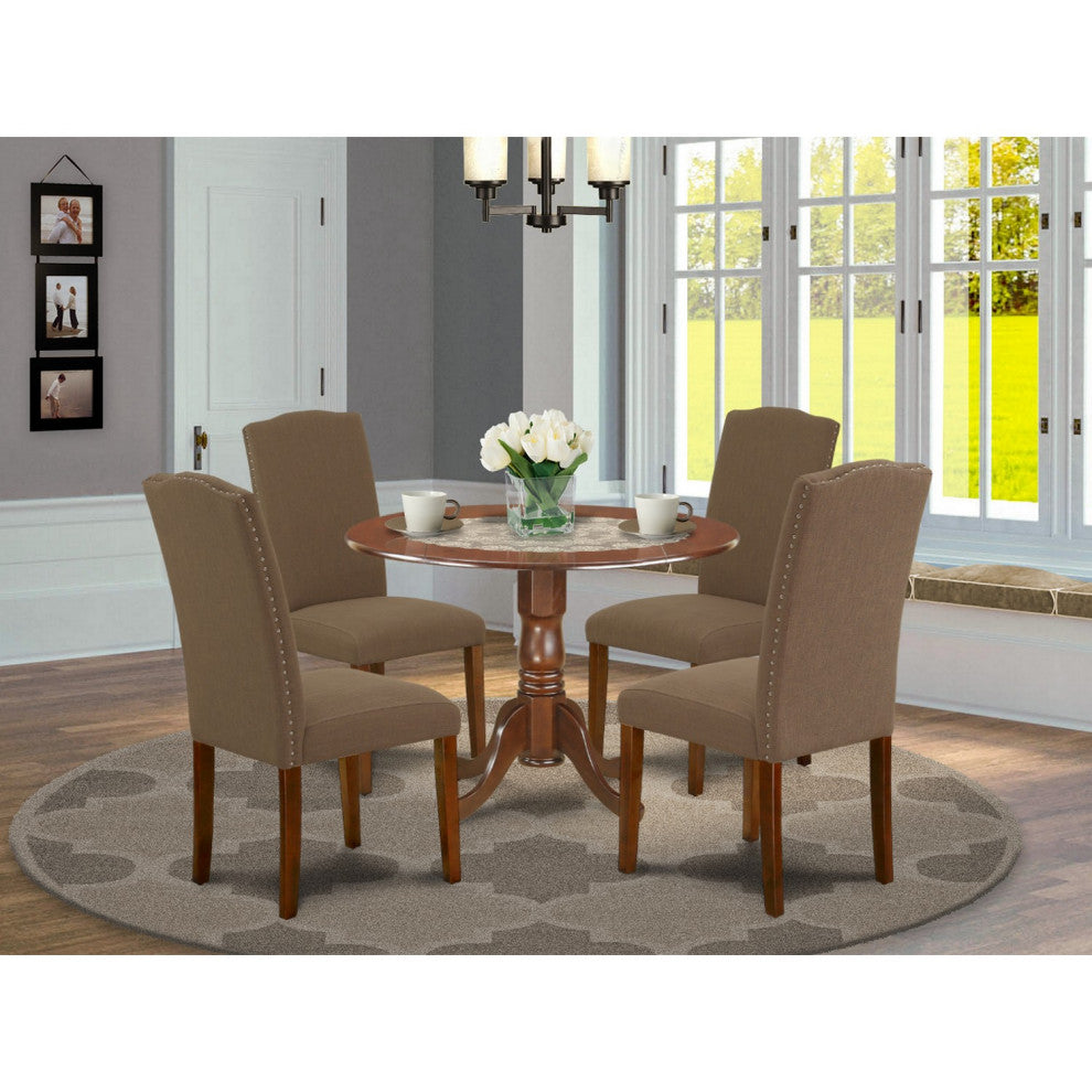 5Pc 42" Kitchen Table, Two 9"Drop Leaves, Four Chair, Mahogany Leg, Dark Coffee