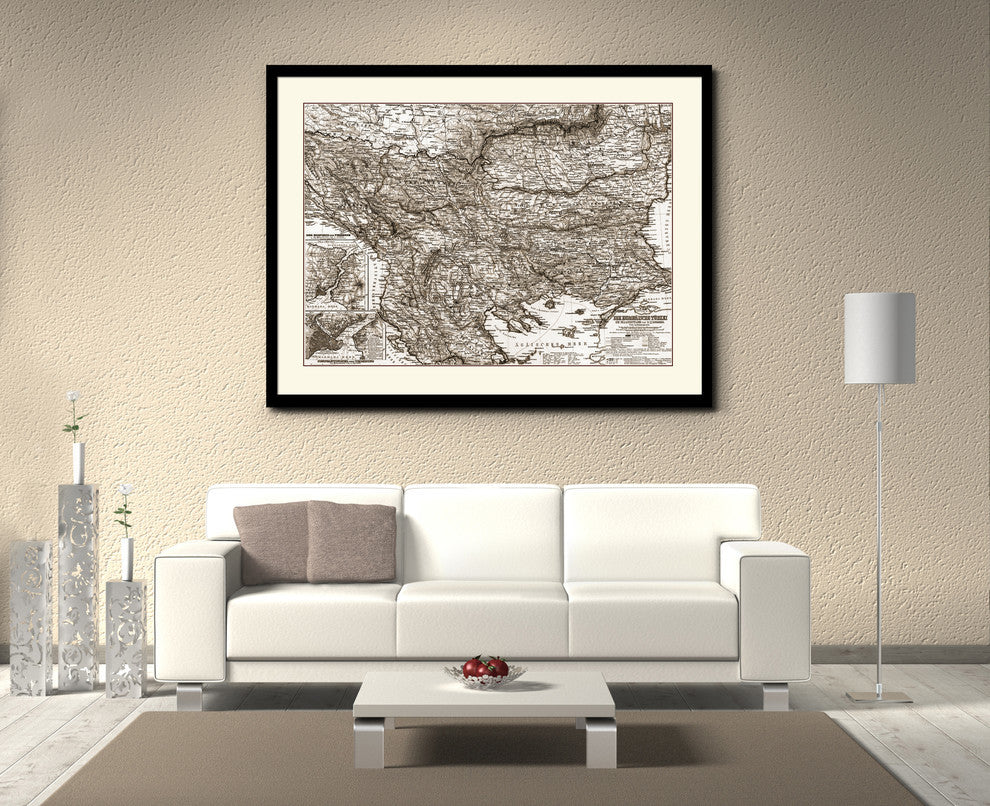 Balkans, Hungary, Rumania, Old Sepia Map Print On Canvas With Frame, 28" X 37"