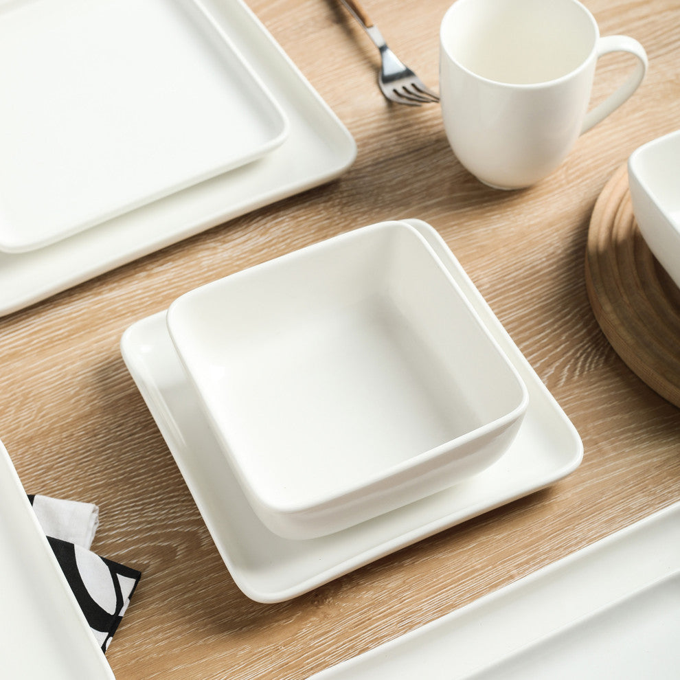 Stone Lain Amy Porcelain Plates and Bowls Sets, 24 Piece Dinnerware Set, White