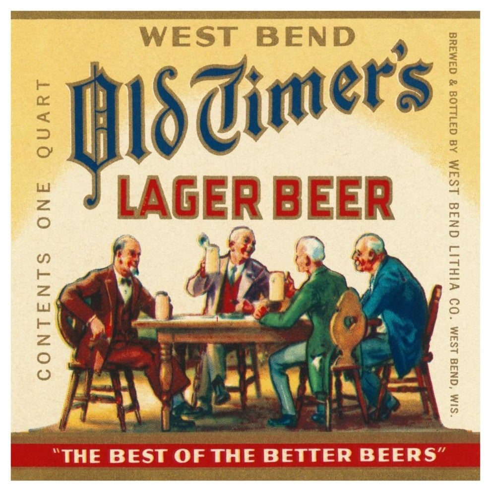 "West Bend Old Timer's Lager Beer" Paper Print by Vintage Booze Labels, 38"x38"