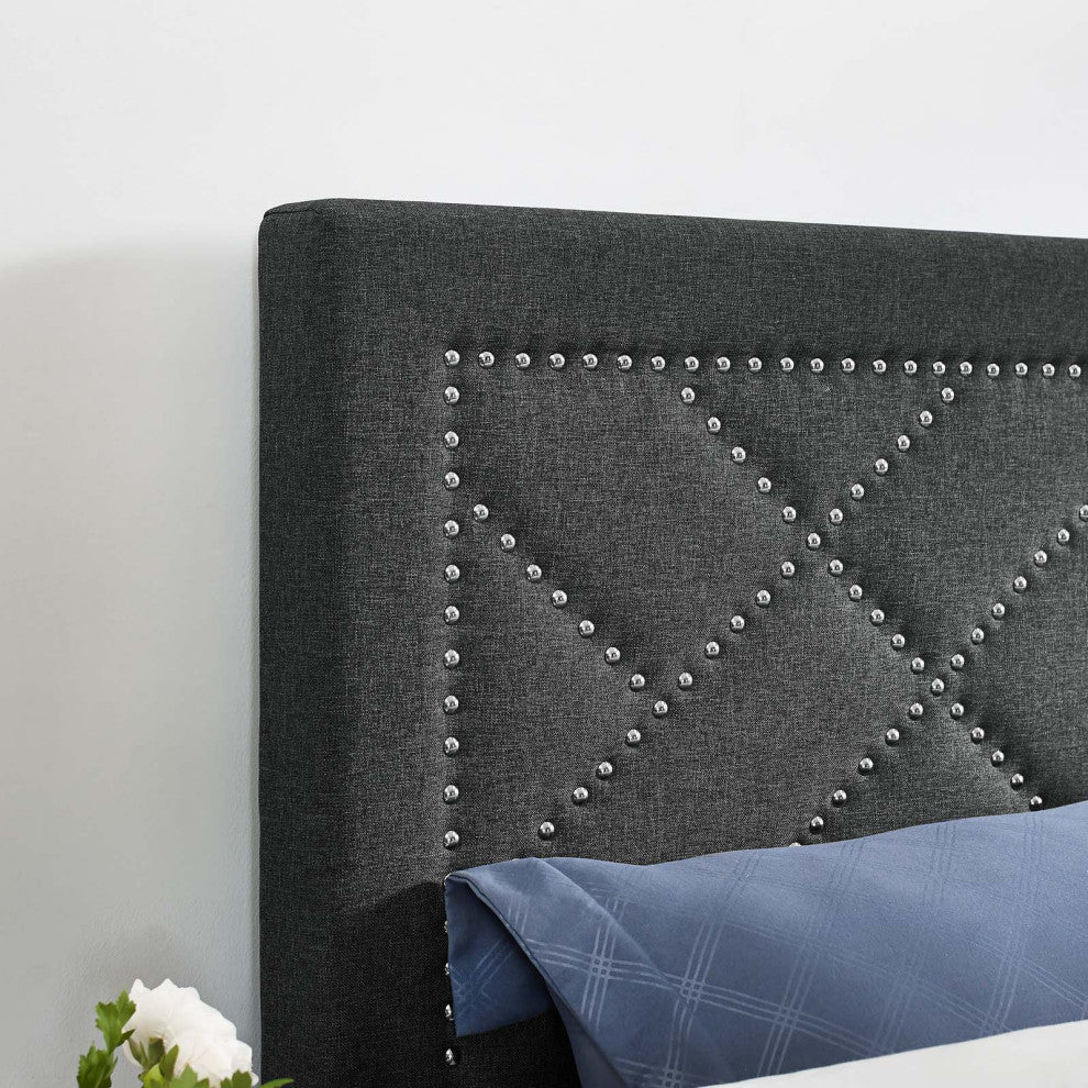 Reese Nailhead Full / Queen Upholstered Linen Fabric Headboard Gray