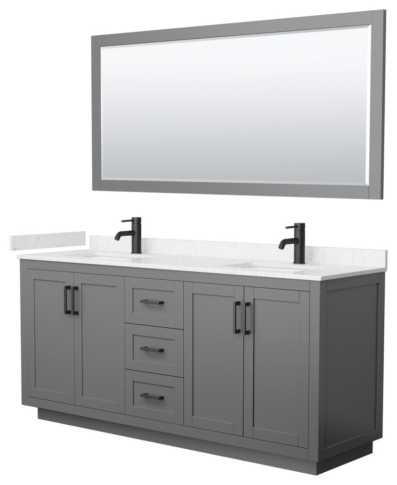 72"DBL Vanity Dark Gray, LV Carrara Cult. Top, Sinks, Black Trim, 70"Mirror